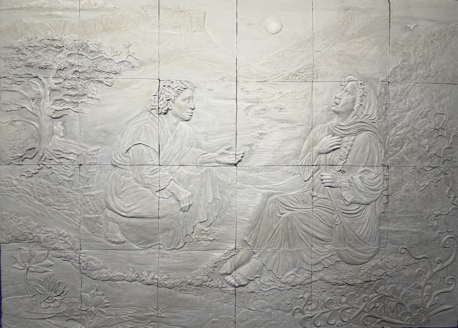 Seen in the Wilderness, ceramic narrative relief by Nancy Harbron