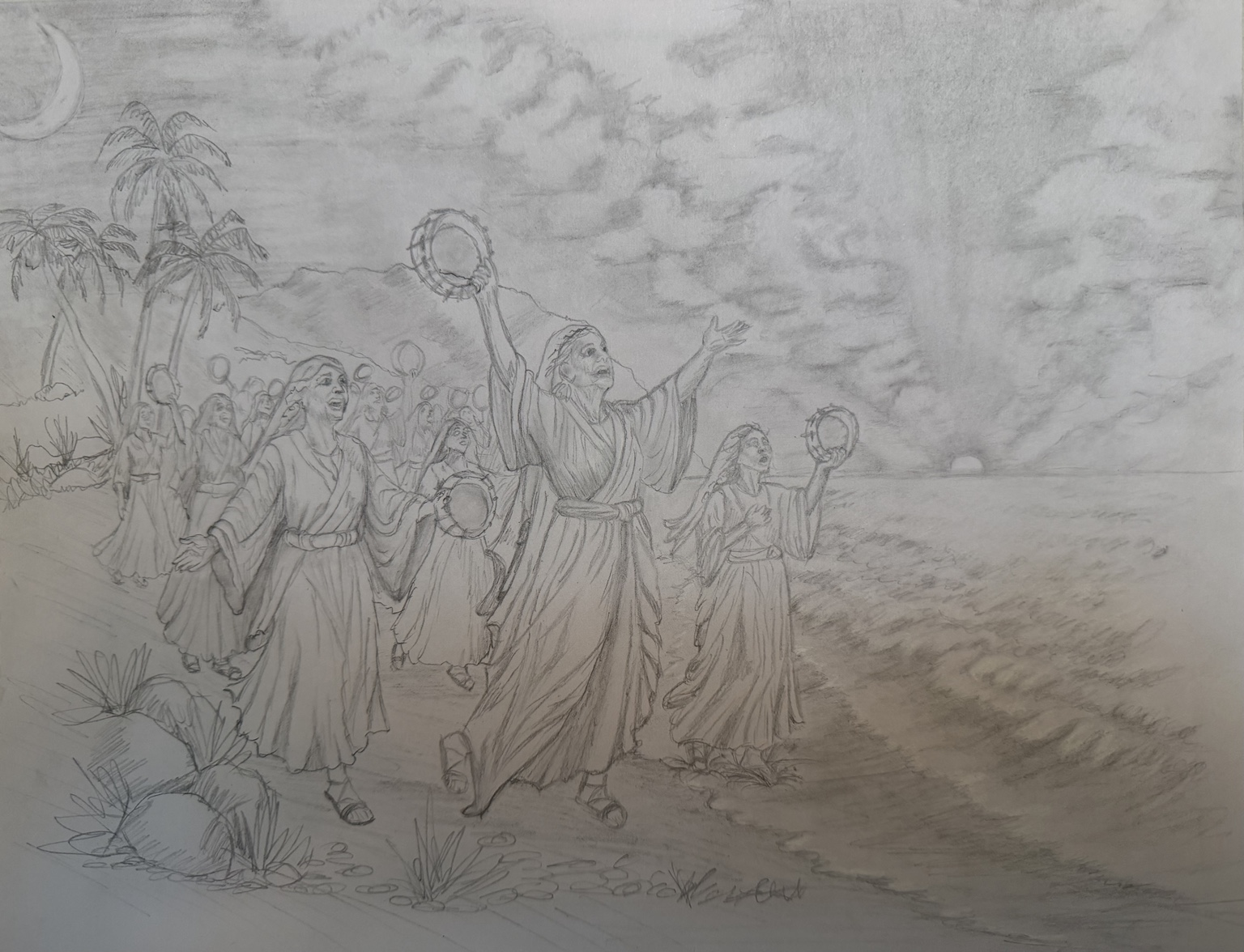 Preliminary drawing for Miriam, a future ceramic narrative relief based on Exodus 15