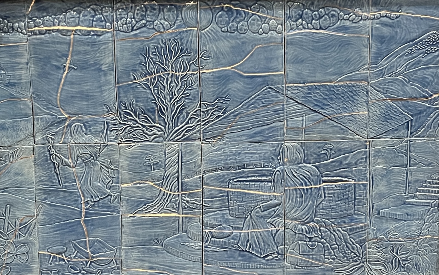 The Samaritan Woman, large-scale tiled ceramic narrative relief by Nancy Harbron